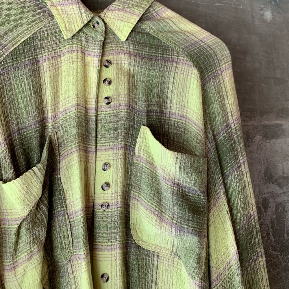 Urban Outfitters Chartreuse And Purple Button Down Checkered Flannel